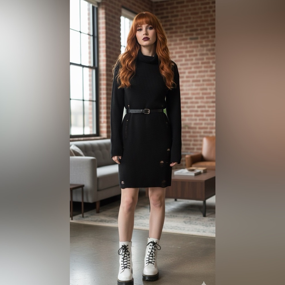 No Comment Black Distressed Knit Dress